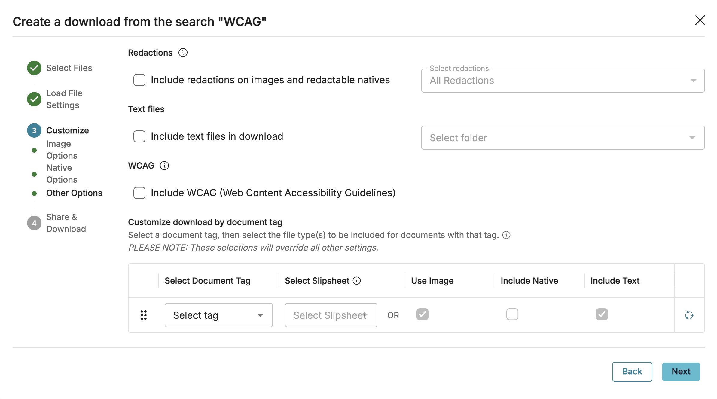 Options for customizing downloads, including file types and document tags for WCAG compliance.